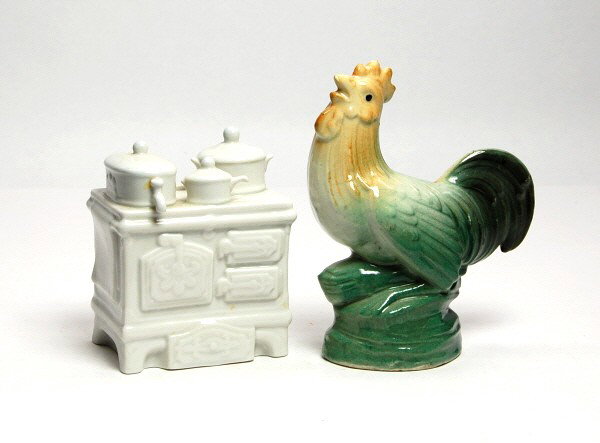 Crowing Rooster & Stove banks.: Ceramic. 5 5/8 in. & 4 3/16 in. respectively.