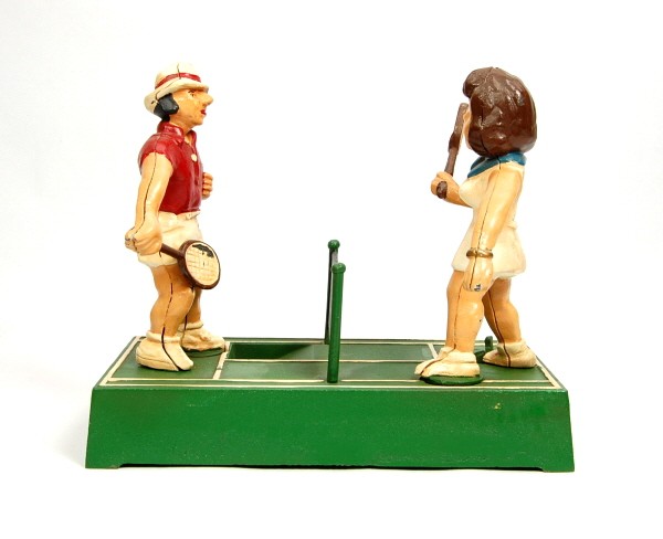 Billie Jean King & Bobby Riggs mechanical bank.: Cast Iron. 9 in.