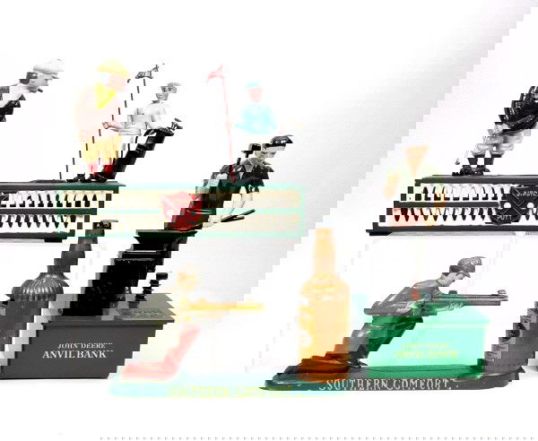 Lot of 3 modern mechanical banks.: Birdie Putt: Cast Iron; Southern Comfort: White metal; & John Deere: Aluminum.