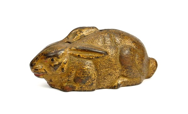 Rabbit Lying Down bank.: Cast Iron. 2 1/4 in.