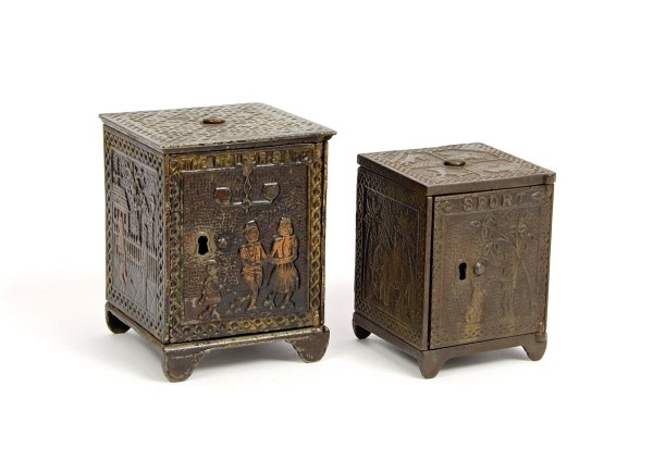 "Roller Safe" & "Sport" Safe banks.: Cast Iron. 3 5/8 in. & 3 in. respectively.