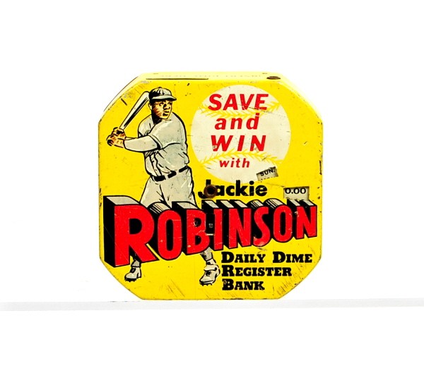 "Jackie Robinson" dime register bank.: Tin. 2 1/2 in.