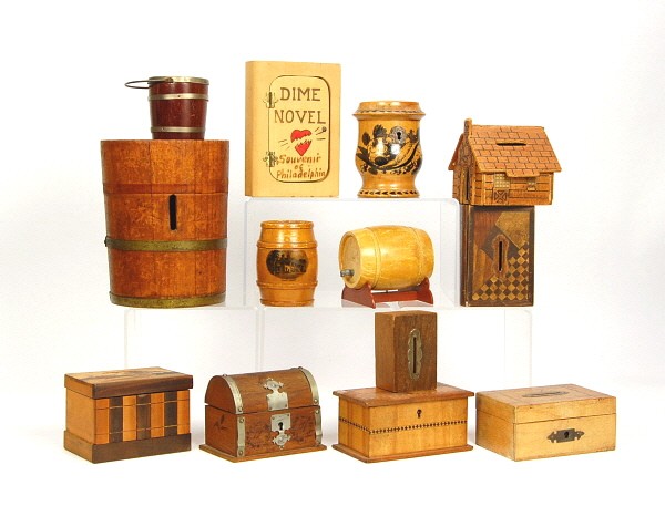 Lot of 13 Wooden banks.: Primarily Boxes and Barrels. Tallest is 6 3/16 in.