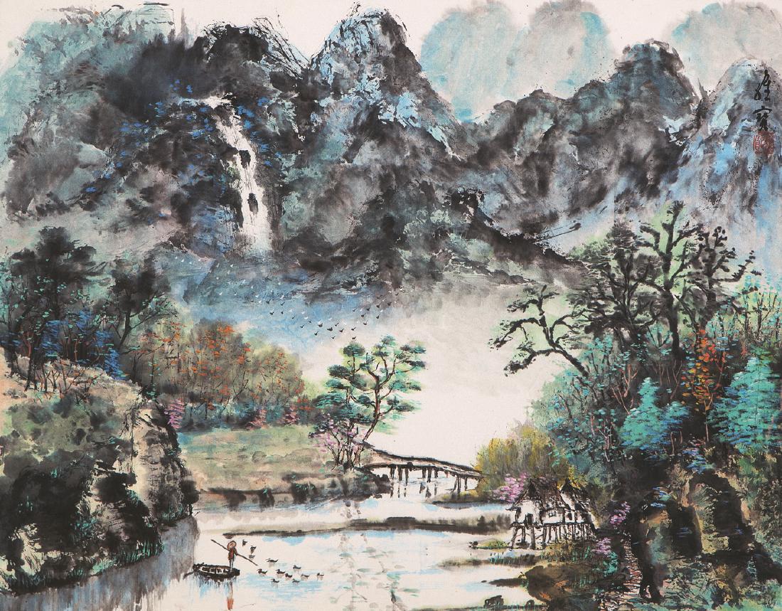 WANG WEI BAO LANDSCAPE: 王维宝 山水设色纸本镜框55×68cm