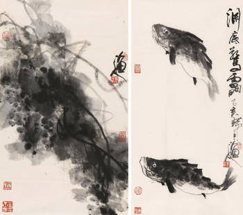 ZHANG LI CHEN FISH: 张立辰 渔人二帧水墨纸本片款识:渔人钤印:张立辰82×49cm,