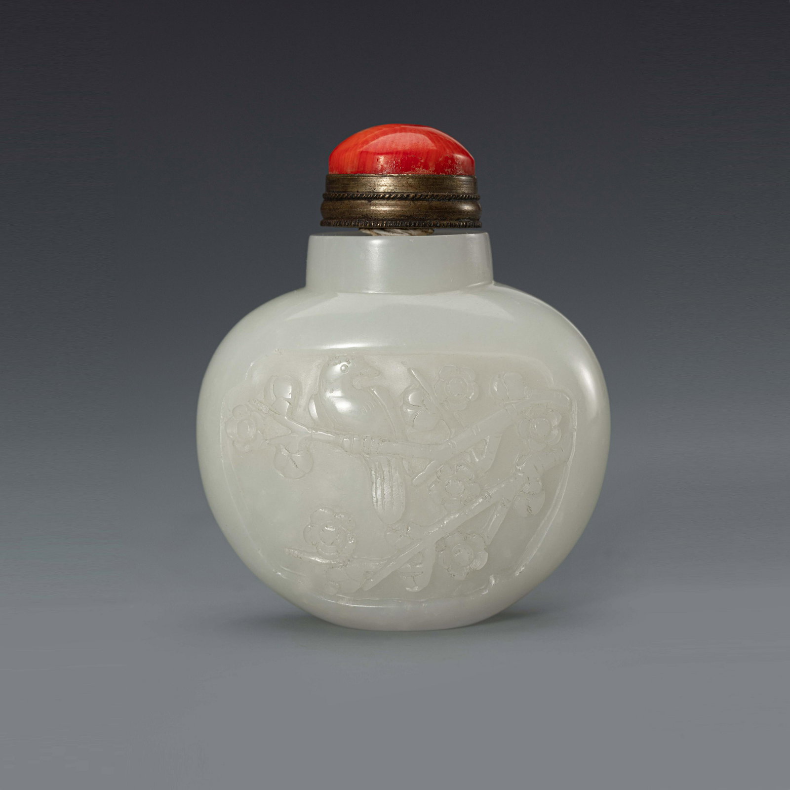 A Chinese White Jade Flower and Bird Snuff Bottle Qing (1 of 10)