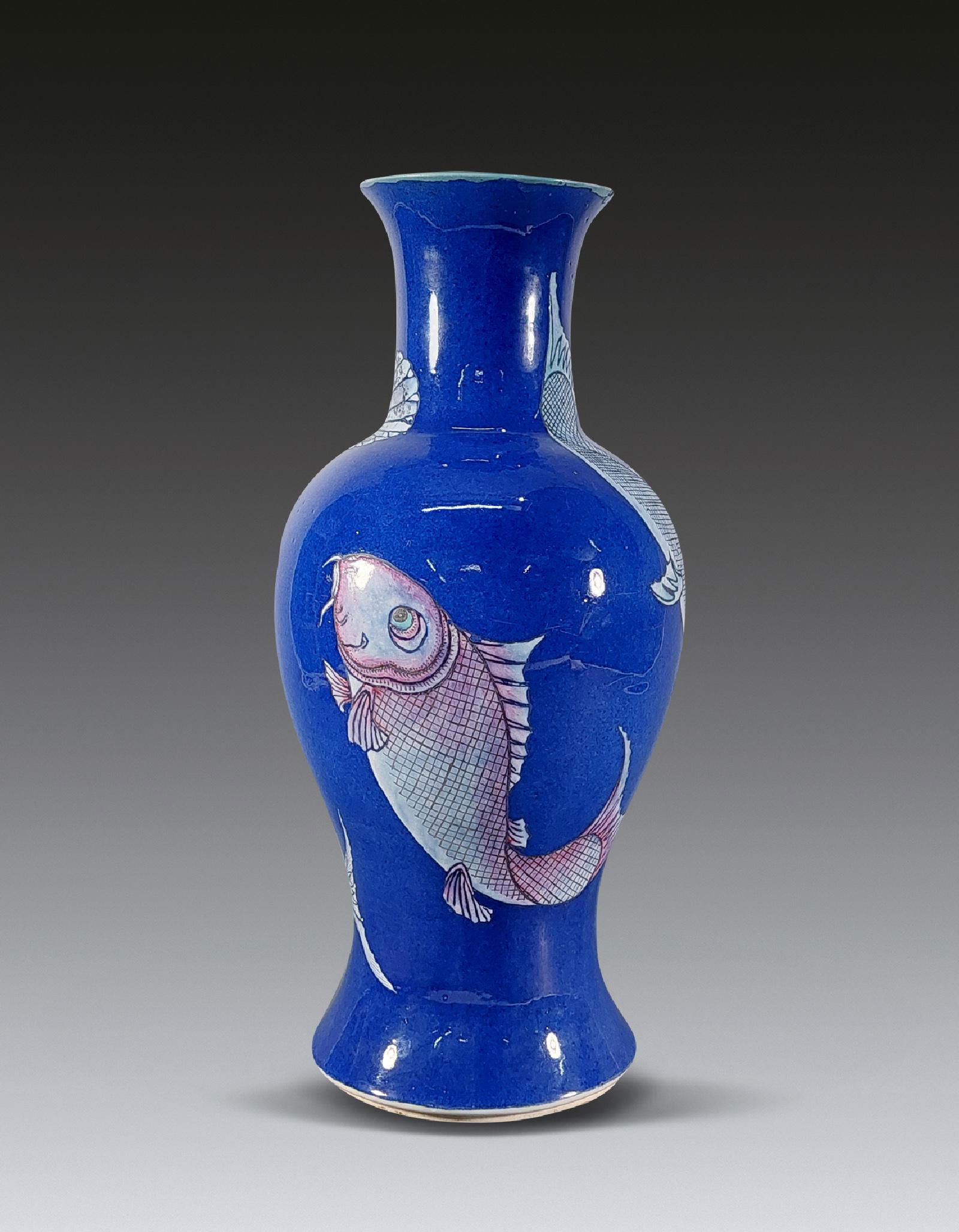 A Chinese Blue Glazed Famille Rose Fish Vase Qing Dynasty 1644-1912 (1 of 7)