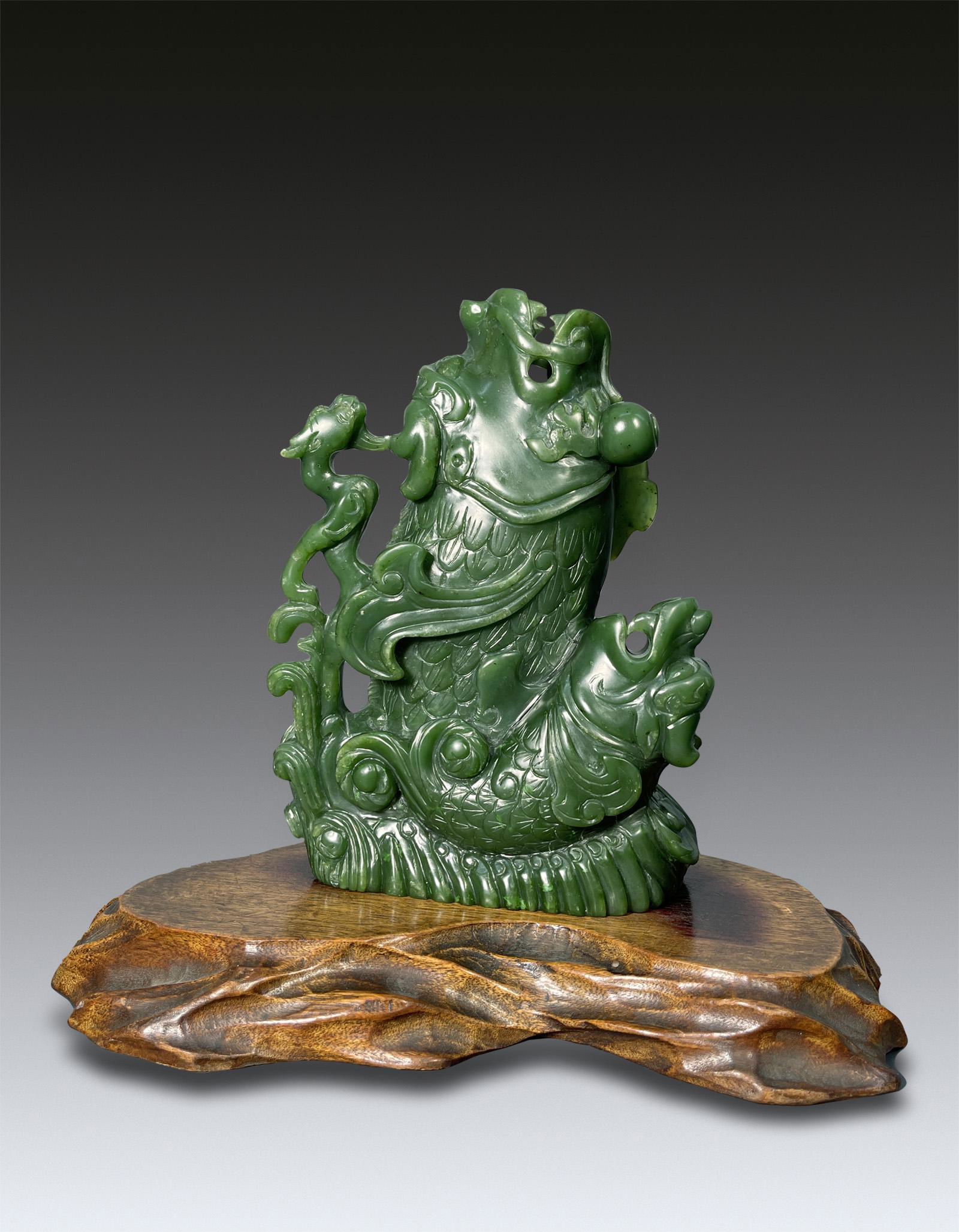 A Chinese Spinash Jade Fish Dragon Flower Inserter Qing Dynasty (1 of 10)