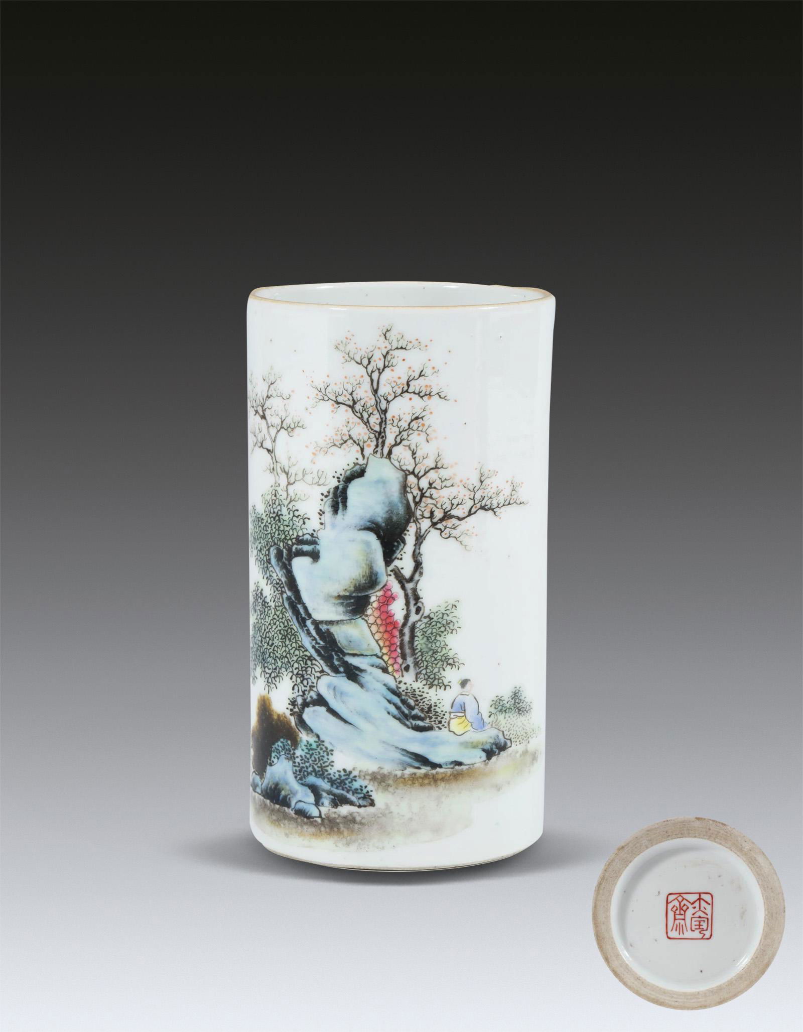 A Famille Rose Landscape Brushpot Zhang zhitang Mark 1950-70s (1 of 7)