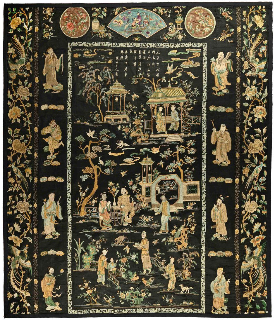 A Chinese Embroiled Black Silk Hanging Tapestry 19 Century (1 of 8)
