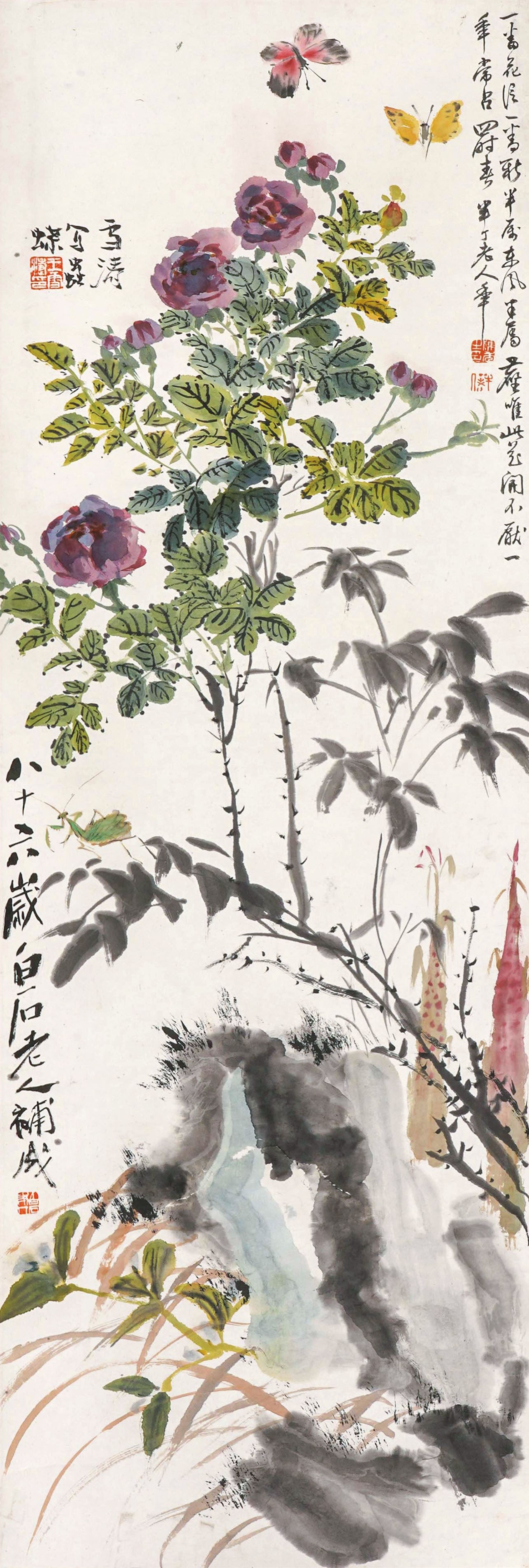 Qi Baishi Chen Banding Wang Xuetao Flower: 231006 齐白石陈半丁王雪涛合作花卉 Qi Baishi Chen Banding Wang Xuetao Flower USD3000-5000 93x31.5cm 款识：
