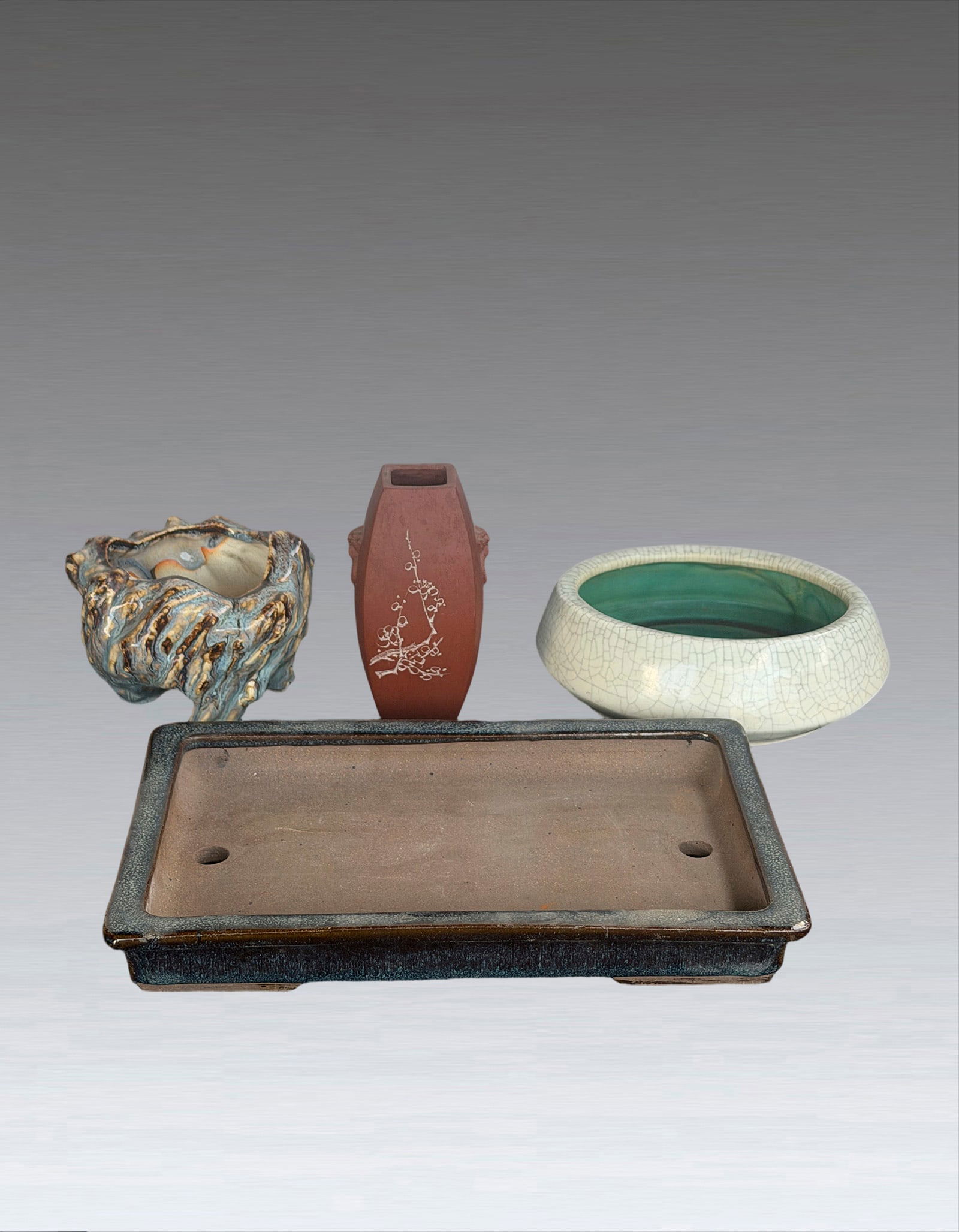 Three of Clay Flower Pot Brushpot: 251240 石湾窑笔洗紫砂四方瓶花盆一组四件 Four of Clay Vase shiwan Brushpot USD200-500 Largest32x20.5cm &#