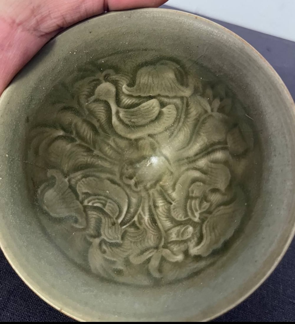 A Yaozhou Kiln Celadon Glazed Ducks and Waves Bowl Song Dynasty (1 of 1)