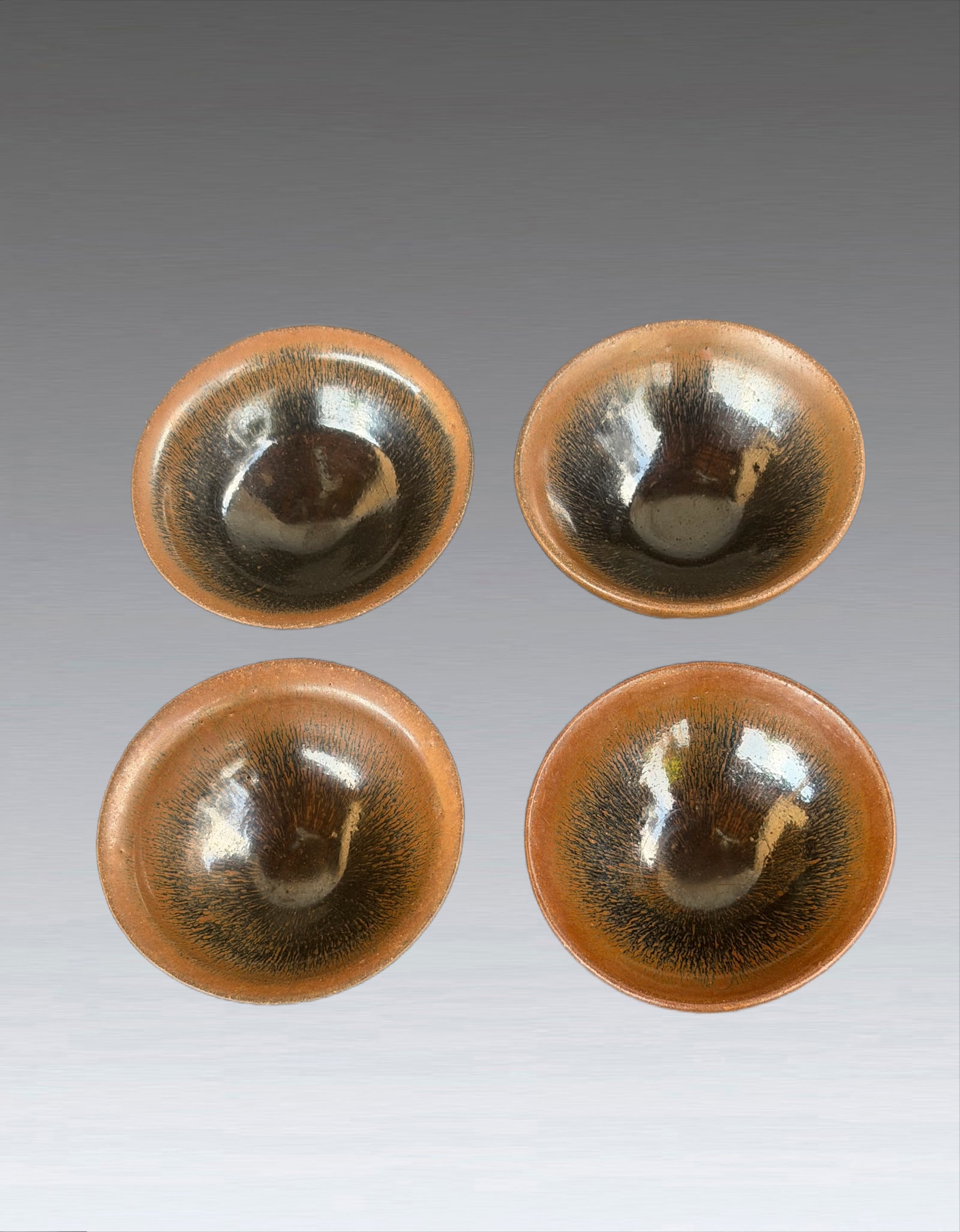 A group of Tea Bowl Southern Song Dynasty 1127-1279: 261041 南宋黑釉兔毫茶盏四件一组1127-1279 A group of Tea Bowl Southern Song Dynasty 1127-1279 USD300-500 D10cm 造型&#