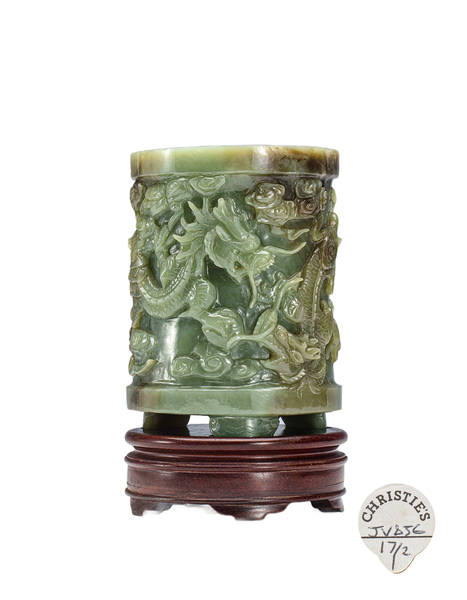A Chinese Celadon Jade Dragon Brushpot Late MIng Early Qing (1 of 9)