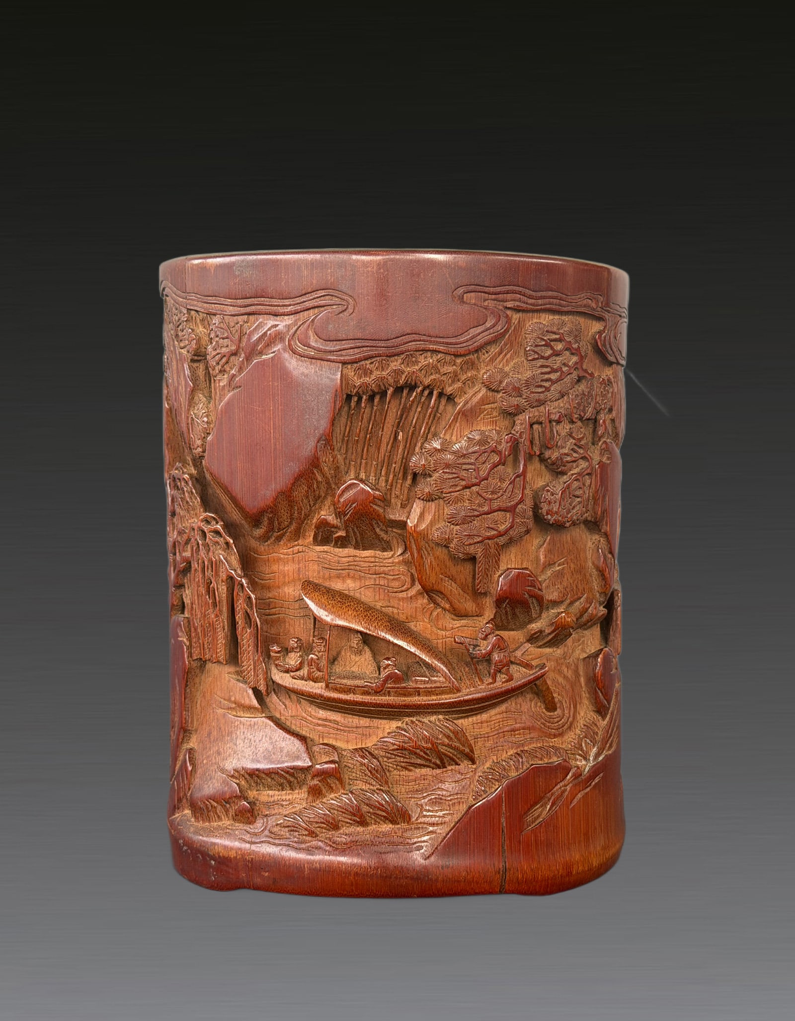 A Chinese Bamboo Brushpot Qing Dynasty 1644-1912: 261062 清竹雕山水笔筒 1644-1912 A Chinese Bamboo Brushpot Qing Dynasty 1644-1912 USD800-1000 16.5cm 包浆温润古雅。&#