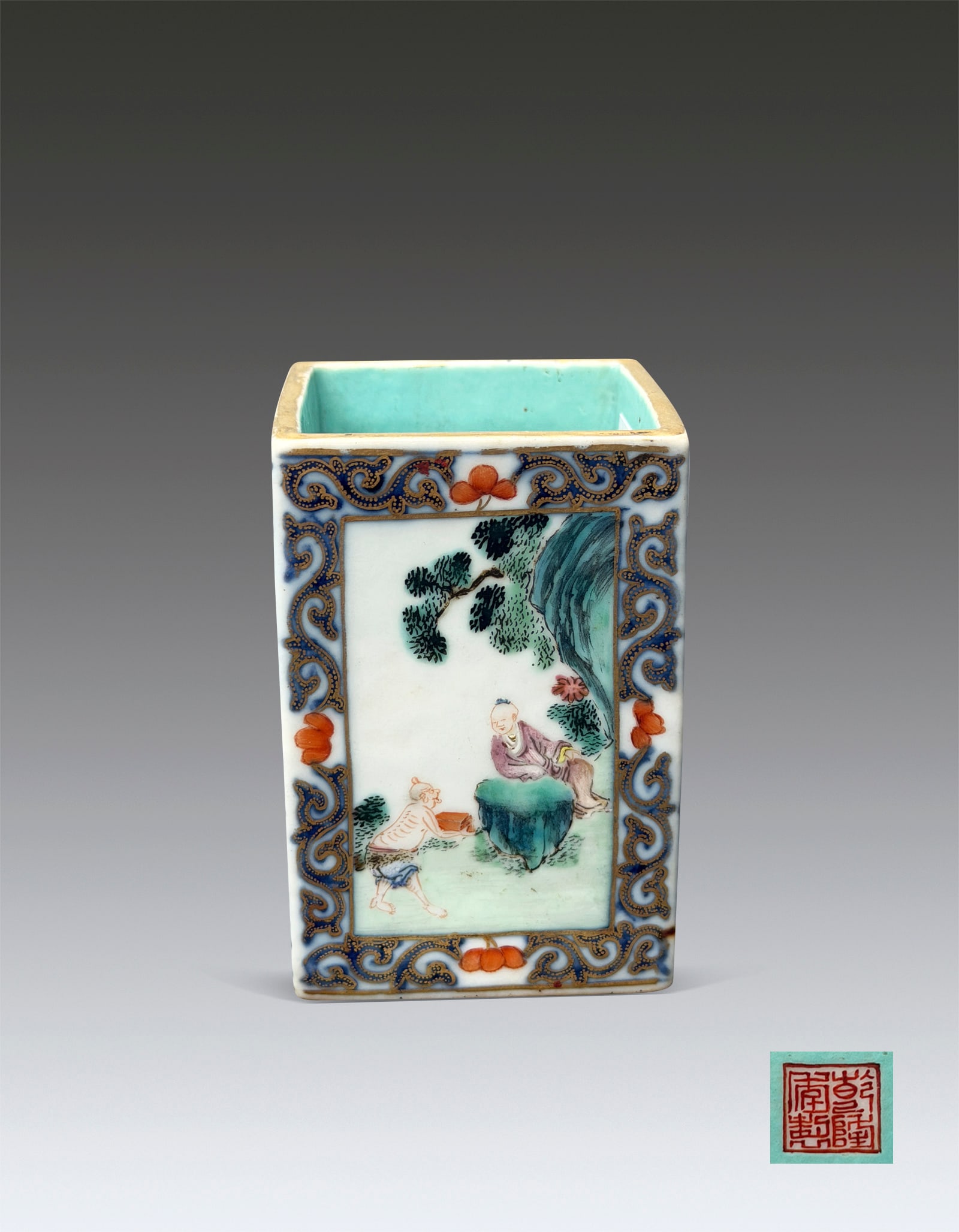 A Chinese Famille Rose Gilty Decorated Figure Brush Pot Qing Qianlong Mark and Period 1736-1796 (1 of 12)