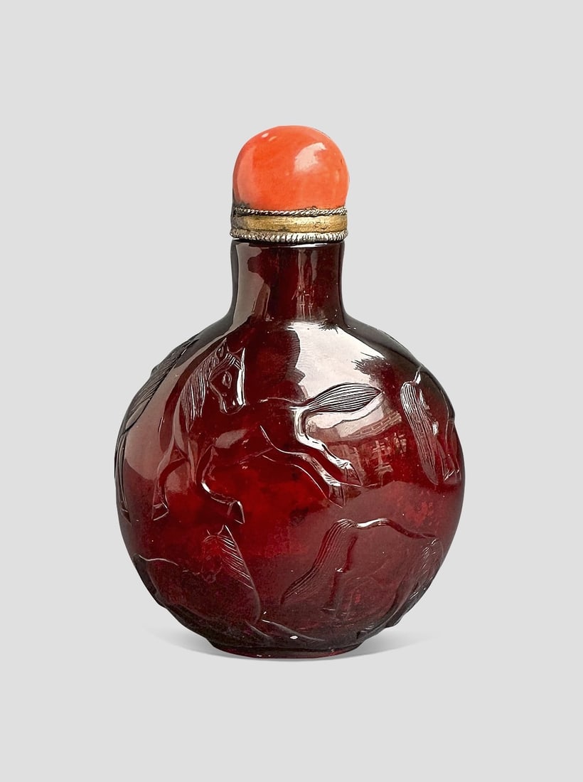 A Chinese Ruby Red Glass Eight Horses Snuff Bottle Qing Dynasty Qianlong Period 1735-1796 (1 of 8)