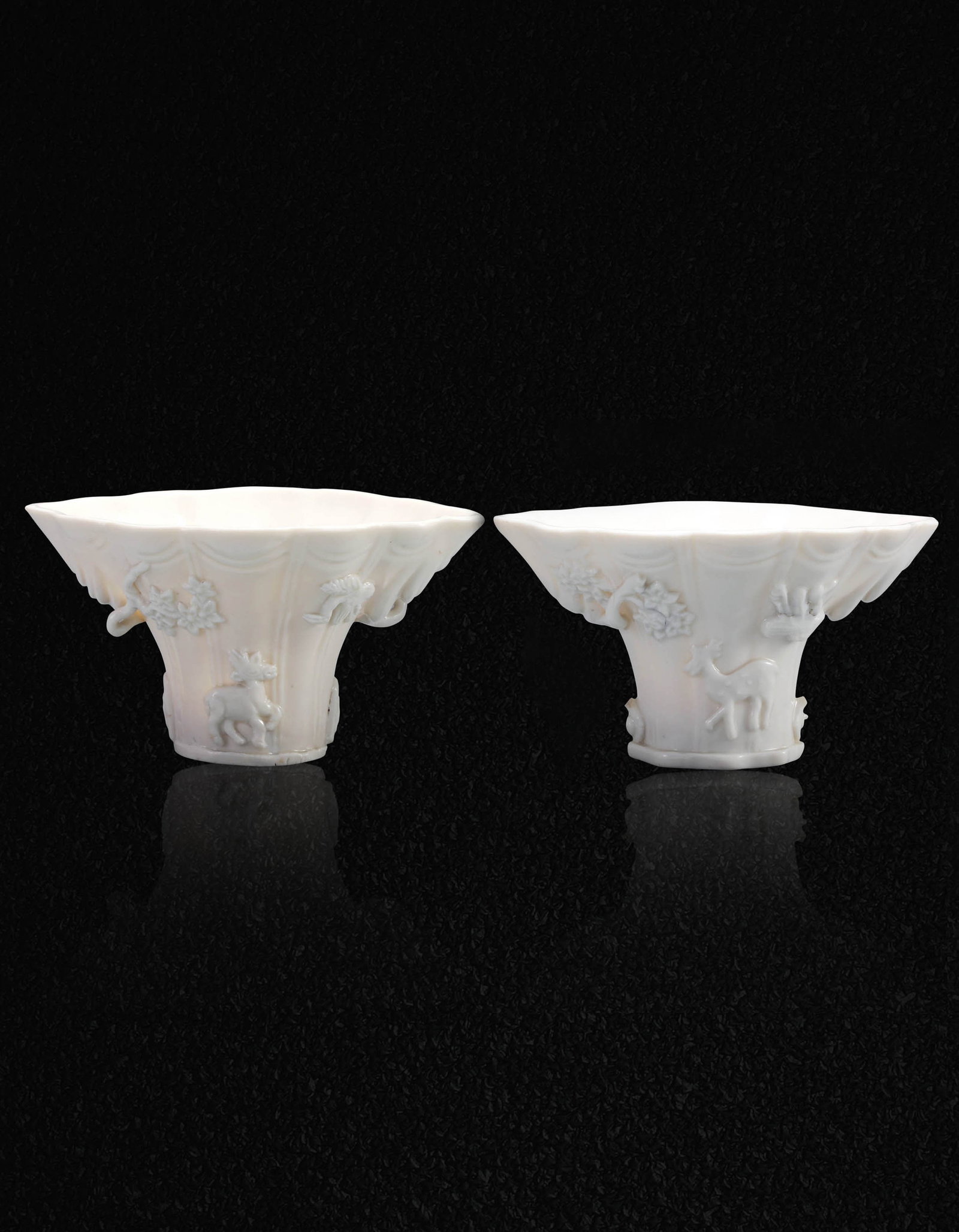 Pair of Dehua White Glazed Cup Qing Kangxi Period 1662-1722: 261119 清康熙德化白瓷鹤鹿同春杯一对 1662-1722 Pair of Dehua White Glazed Cup Qing Kangxi Period 1662-1722 USD2000-30