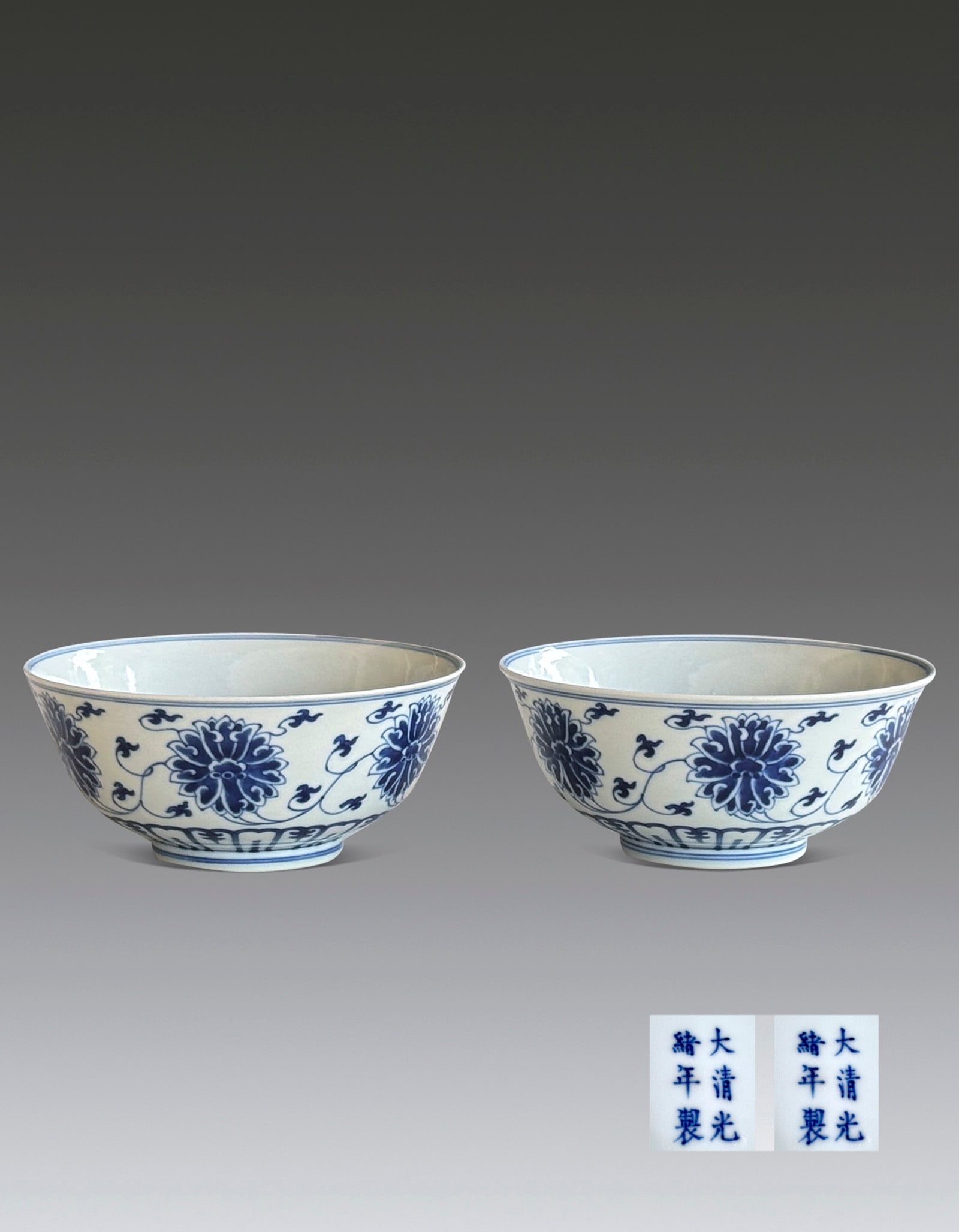 Pair of Chinese Blue and White Flower Bowl Qing Guangxu Mark and Period (1 of 11)