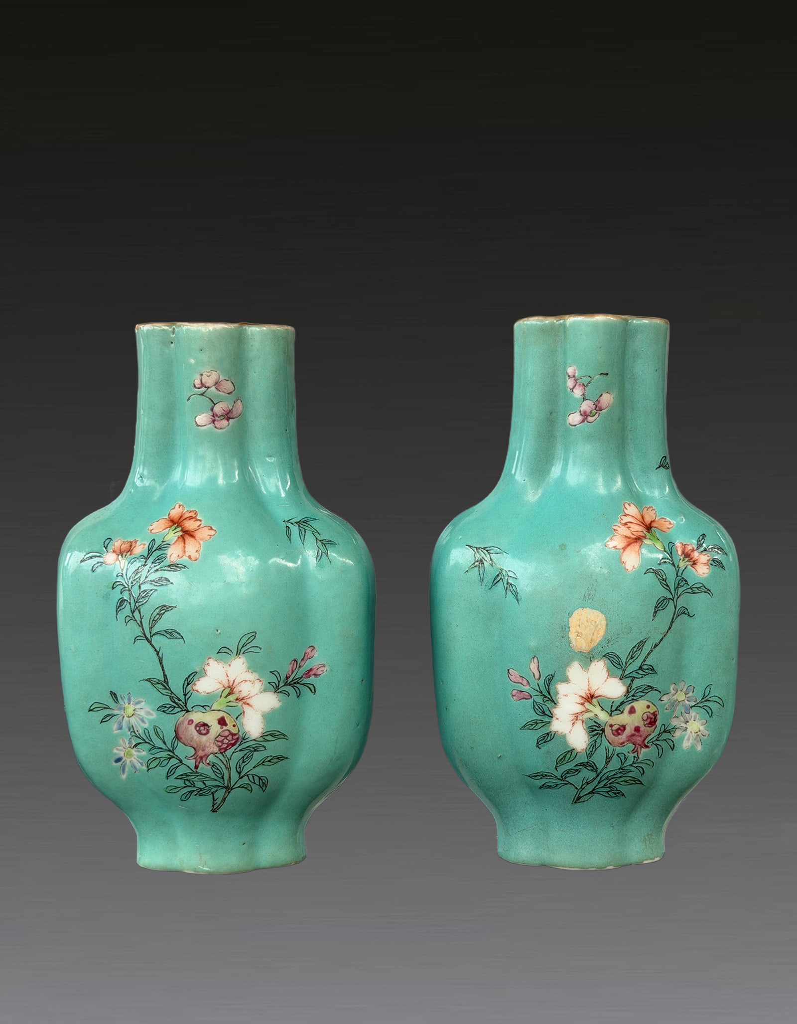 Pair of Turquoise-Ground Famille Rose Floral Wall Vases Qing Dynasty 1644-1912 (1 of 7)