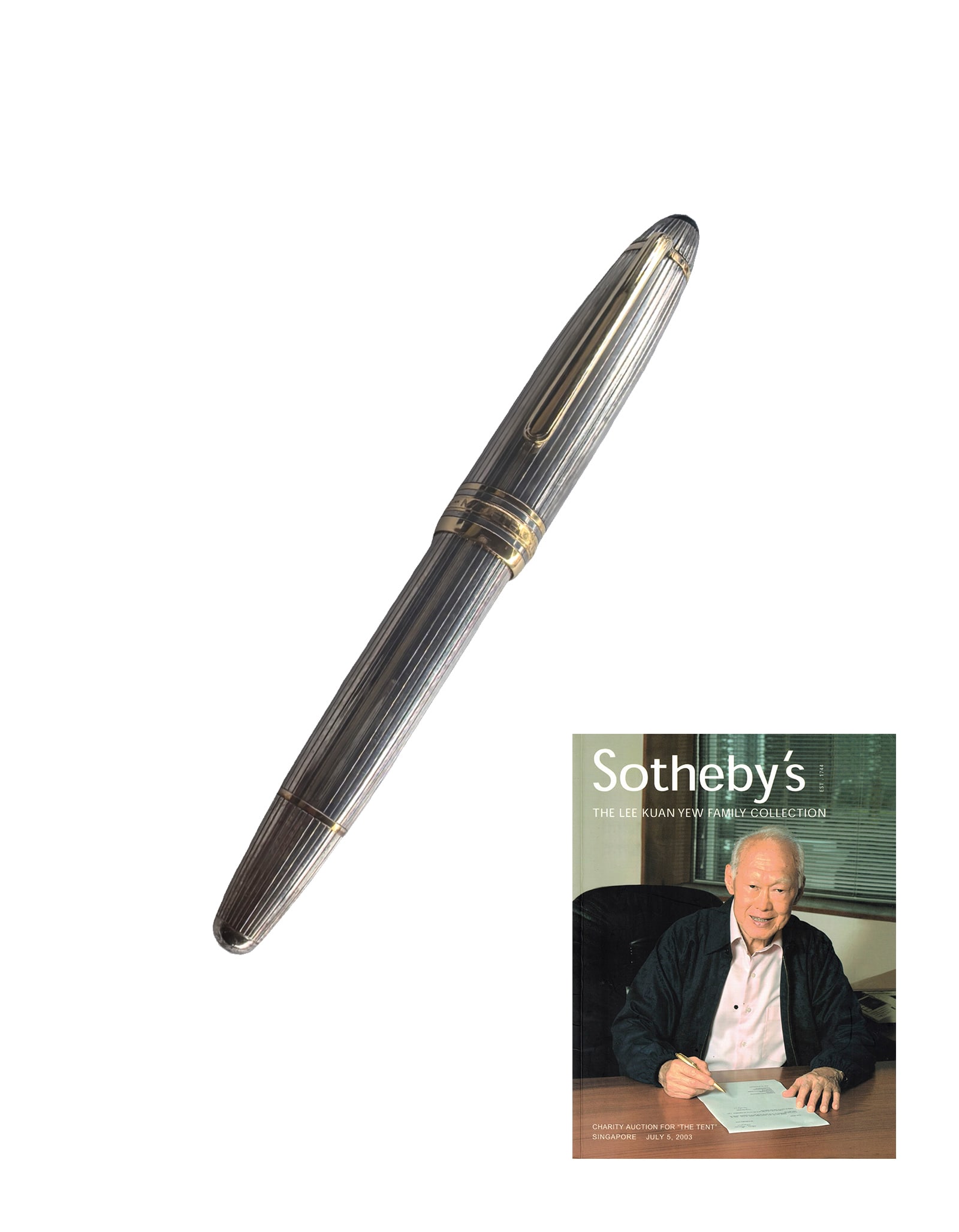 A Meisterstuck Fountain Pen Montblanc with Lee Kuan Yew mark: 261215 李光耀Montblac签字钢笔 A Meisterstuck Fountain Pen Montblanc with Lee Kuan Yew mark USD4000-6000 18K gold nib，145mm SM Lee Kuan Yew and inscribe
