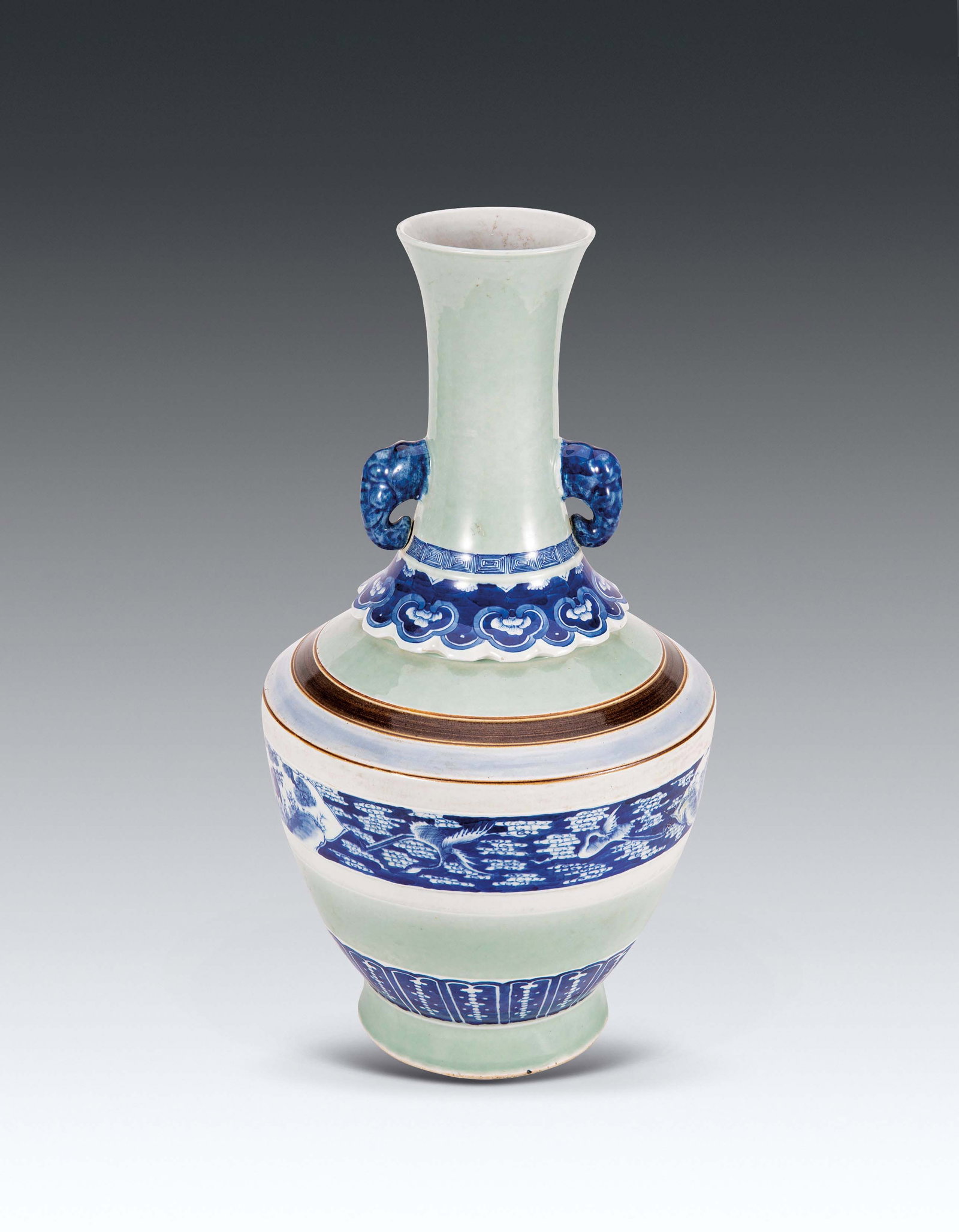 A Chinese Green Glazed Blue and White Crane Elepant Ear Vase Mid Vase: 271062 清中期豆青釉青花象耳云鹤纹瓶 A Chinese Green Glazed Blue and White Crane Elepant Ear Vase Mid Vase 来&#