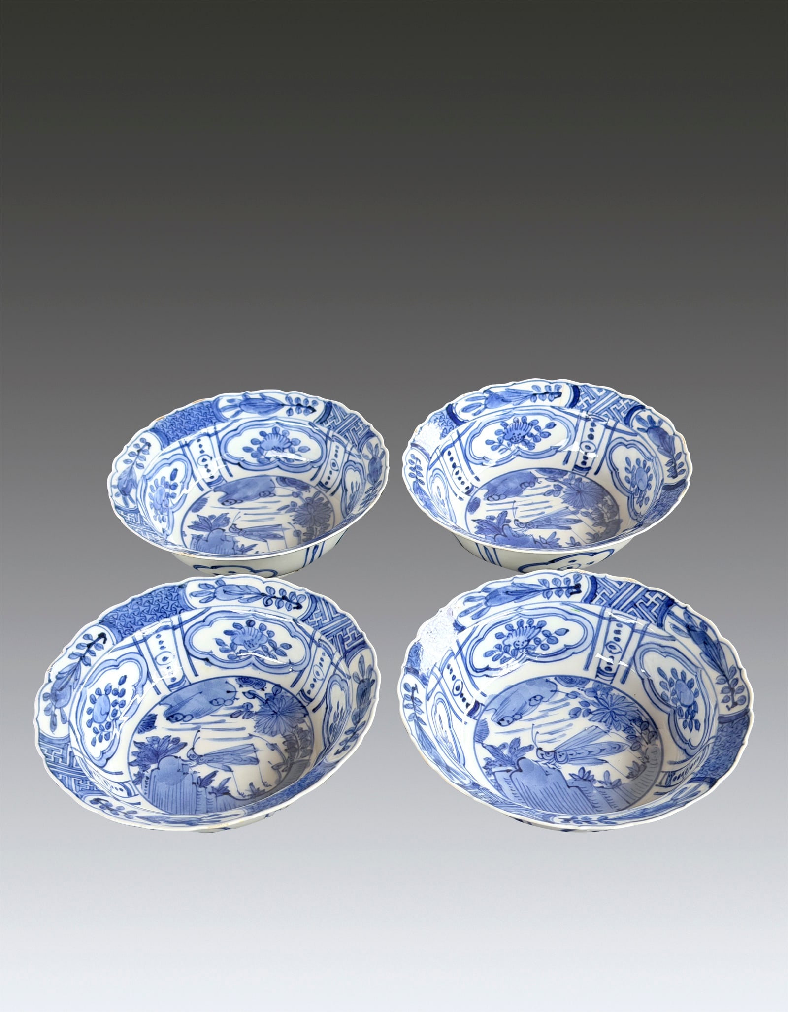 Set of Chinese Blue and White Bugs Bowl Ming Dynasty Wanli Period 1573-1620: 271067 明万历青花虫草蝈蝈纹碗一组四件 1573-1620 Set of Chinese Blue and White Bugs Bowl Ming Dynasty Wanli Per