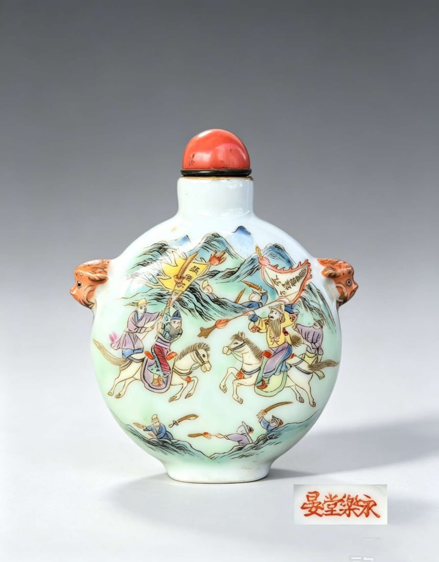 A Chinese Famille Rose Figure Snuff Bottle Qing Dynasty 1644-1012: 271074 清粉彩辅首刀马人物故事鼻烟壶 1644-1012 A Chinese Famille Rose Figure Snuff Bottle Qing Dynasty 1644-1012 