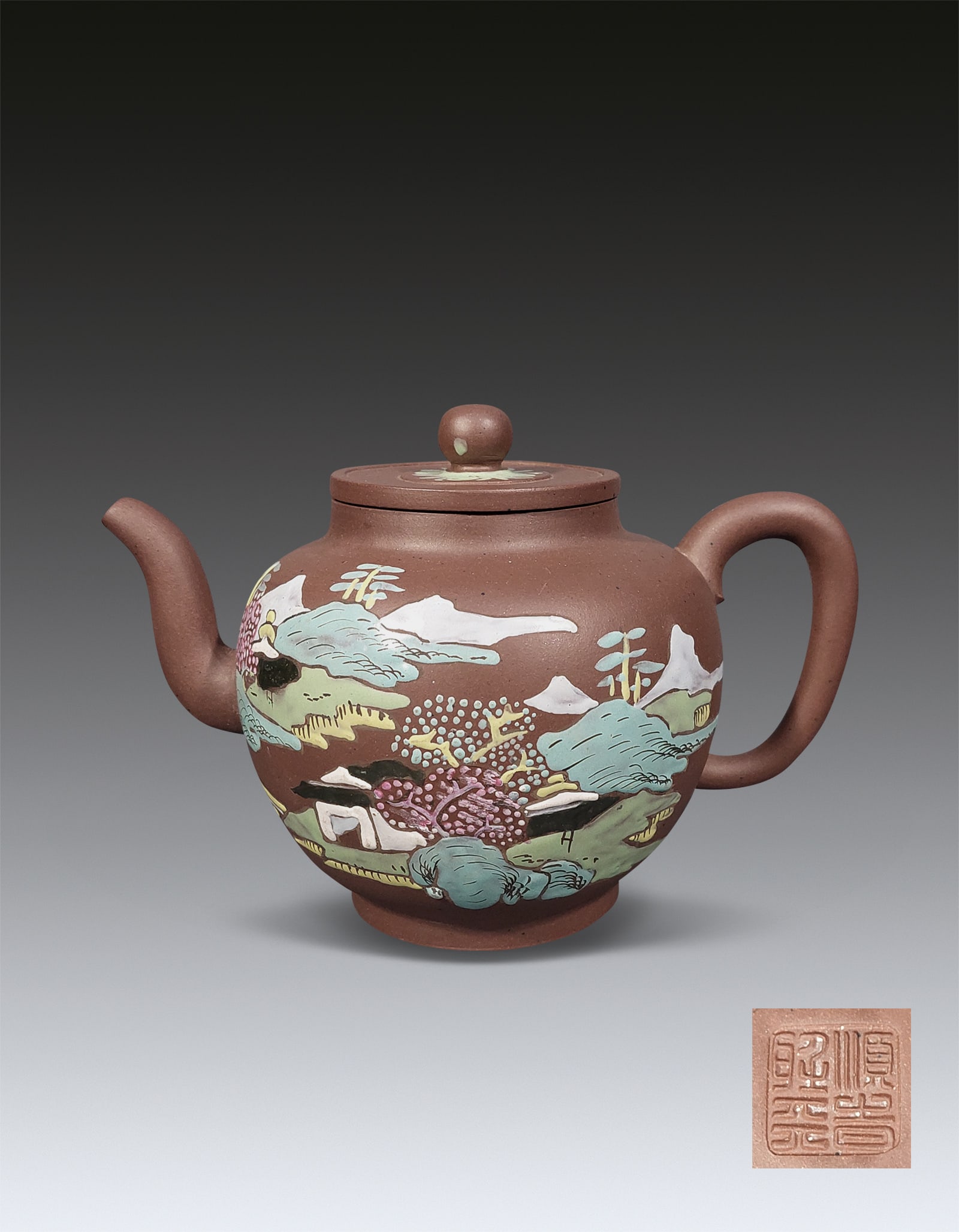 A Chinese Yixing Enamel Teapot Qing Qianlong Period: 271130 清乾隆珐琅彩名家紫砂壶 A Chinese Yixing Enamel Teapot Qing Qianlong Period 来源：新加坡