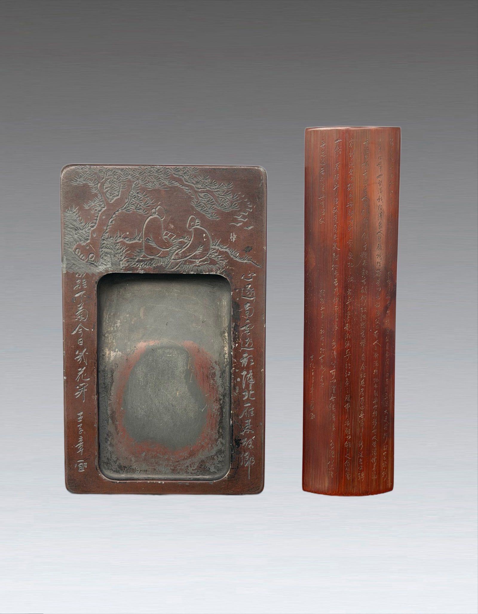 Two Wangzizhang Mark Inkstone and Armrest Qing Dynasty 1644-1912: 271137 清代王子章刻砚台竹臂搁一组两件 Two Wangzizhang Mark Inkstone and Armrest Qing Dynasty 1644-1912 来