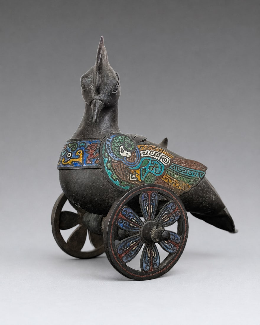 A Chinese Bronze Enamel Bird Cart incenser Ming Dynasty: 271144 明代青铜珐琅铜鸠车香薰 A Chinese Bronze Enamel Bird Cart incenser Ming Dynasty 来源：日本收