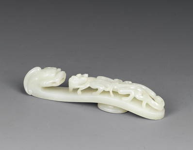 Qing Dynasty White Jade Carved Ornament with Design of: •14cm