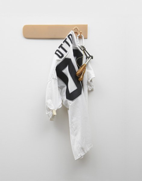 MATTHEW BARNEY b. 1967 Away Gown, 1991 Prosthe: MATTHEWBARNEYb. 1967Away Gown, 1991Prosthetic plastic wall mount, NFL jersey (Jim Otto), titanium ice screws, tool dip and c