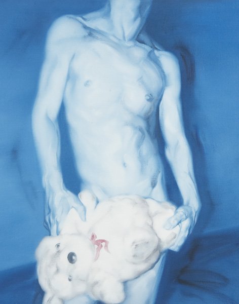 HE SEN b. 1968 Holding his Toy, 2001 Oil on l: HESENb. 1968Holding his Toy, 2001Oil on linen.23 ⅝ x 19 ⅝ in. (60 x 49.8 cm).