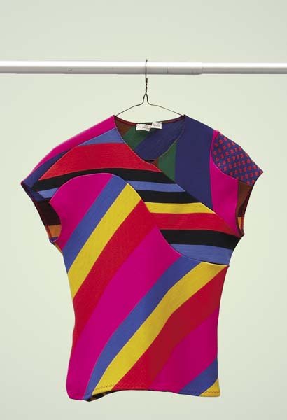 STEPHEN BURROWS, 1945: Top, ca. 1960 Cut and sewn multicolor striped wool jersey top (labeled). No size attributed.