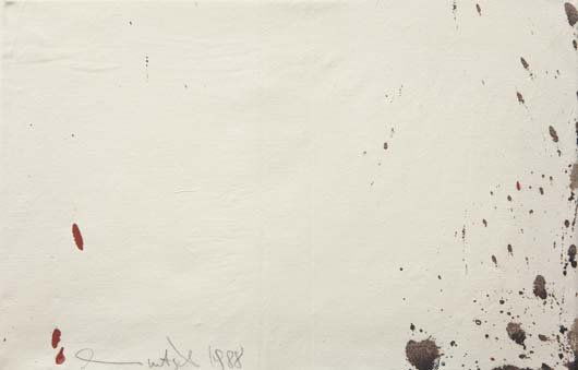 HERMANN NITSCH, 1938: Untitled, 1988 Blood on fabric. Dimensions: 9 ½ x 14 ½ in. (24.1 x 36.8 cm). Signed and dated lower edge. This work is unique.