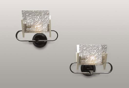 PERRY KING AND SANTIAGO MIRANDA: Pair of "Murana" wall lights, designed 1985 Enameled metal, metal, coated glass. Manufactured by Arteluce, Italy. Each with a molded Arteluce mark and a Flos, USA label. Each: 11 ¾ x 13 x 11 &f
