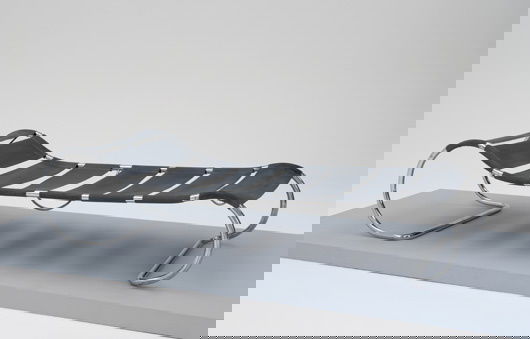 ANTON LORENZ, 1891-1964: Daybed, 1931-1935 Chrome-plated tubular steel, Eisengarn. Dimensions: 19 ¾ x 81 ⅞ x 29 ½ in. (50.2 x 208 x 74.9 cm) Manufactured by Thonet, Germany. With metal manufacturer's labe