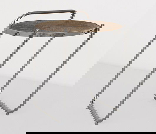 GILBERT ROHDE, 1884-1944: Rare side table, model no. 13-C, ca. 1934 Chrome-plated tubular steel, cork, wood. Dimensions: 27 ¾ in. (70.5 cm) high, 24 ¼ in. (61.6 cm) diameter Manufactured by Troy Sunshade, USA. Wi