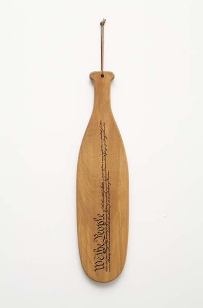 MIKE KELLEY, b. 1954: Untitled (The Bill of Rights),, 1992 Silkscreen on wood and leather strap. 6 x 23 ½ x ¾ in. (15.2 x 59.7 x 1.9 cm). Numbered of 50 on bottom edge of handle. This work is from an edition
