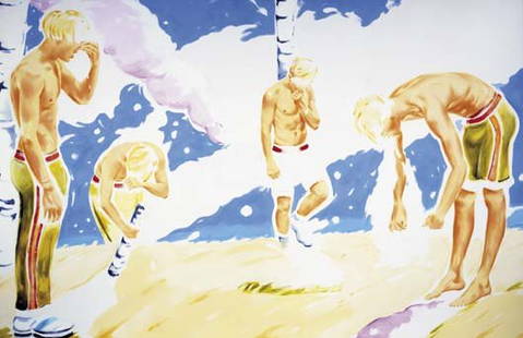 NORBERT BISKY, b. 1970: Wir mussen weiter,, 2004 Oil on canvas. 78 ¾ x 118 ⅛ in. (200 x 300 cm). Titled and dated "Wir mussen weiter 2004" on the reverse. Provenance: Galerie Michael Schultz, Berlin
