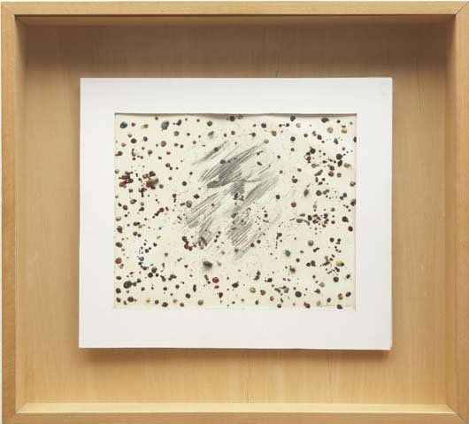 ERIK DIETMAN, 1937-2002: L'Homme a Mallemort, 1975 Enamel, laytex-based paint, fixative, graphite, eraser shavings and insects on paper in the artist's wooden frame. 19 ⅜ x 21 ¼ x 3 in. (49.2 x 54 x 7.6 cm). Sig