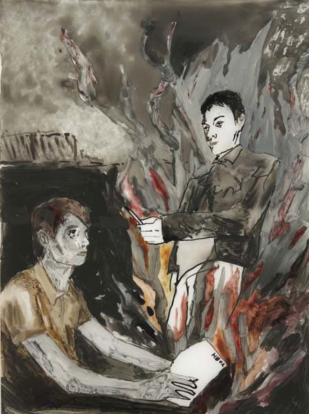 HERNAN BAS, b. 1978: For Your Eyes Only, 2002 Oil and felt tip pen on vellum. 12 x 9 in. (30.5 x 22.9 cm). Signed and dated "HB 02" lower right. Provenance: Deitch Projects, New York