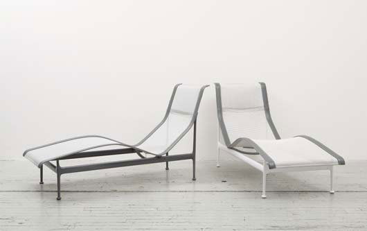 RICHARD SCHULTZ: Two lounge chairs, from the "Leisure Collection", designed 1966 Painted cast aluminum, vinyl, nylon. Manufactured by Knoll International, USA (2). One: 33 ¼ in. (84.5 cm) high; the other: 33 in