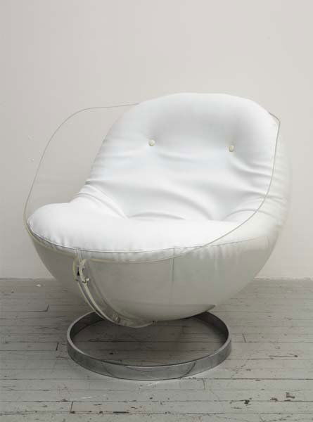 BORIS TABACOFF: Sphere" chair, ca. 1969 Molded Plexiglas, chrome-plated metal, vinyl. Manufactured by Mobilier Modulaire Moderne, France. 31 ¾ in. (80.6 cm) high.