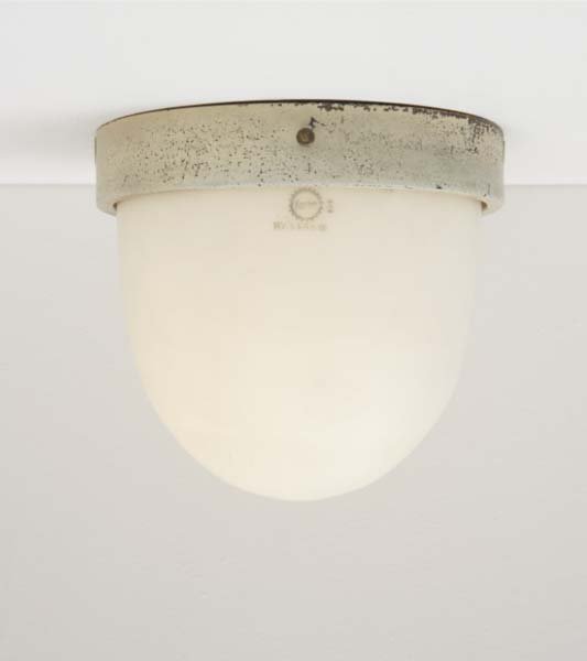 MARIANNE BRANDT AND HIN BREDENDIECK, 1893-1983, 1: Ceiling lamp, model no. 657, ca. 1929 Opaque glass, enameled brass. Manufactured by Korting & Mathiesen AG, Germany. With stamp "Kandem Nr. 448a." 8 in. (20.3 cm) high, 9 in. (22.9 cm) diameter.