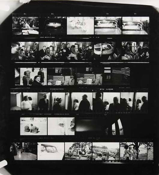 ROBERT FRANK, b. 1924: The Americans, 1955-1956 Enlarged gelatin silver contact sheet, printed 1971. 17 ¾ x 16 ⅛ in. (45.1 x 41 cm). Signed and inscribed 'For Bee' [sic] in ink in the margin. PROPERTY FROM THE
