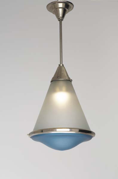 MARIANNE BRANDT AND HIN BREDENDIECK, 1893-1983, 1: Ceiling light, 1930s Frosted clear and colored glass, nickel-plated brass. 30 ⅝ in. (77.8 cm) drop Manufactured by Korting & Mathiesen, Germany. With early cogwheel stamp "Kandem J 284 mTT." Li