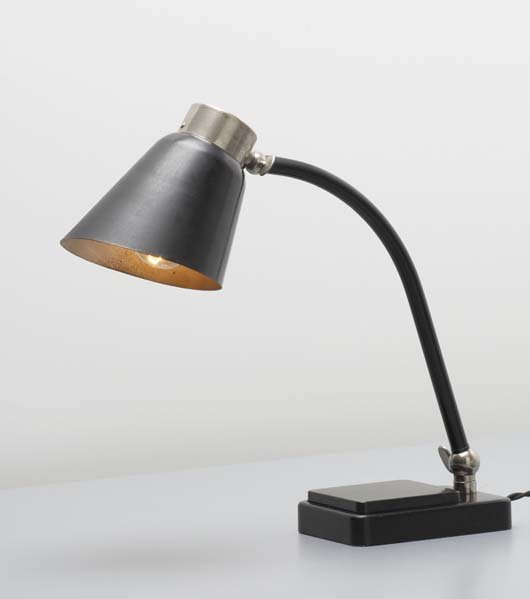 MARIANNE BRANDT, 1893-1983: Rare and early "Touchbase" table lamp, 1930s Painted metal, chrome-plated brass, Bakelite. 14 ⅝ in. (37.1 cm) high Manufactured by Ruppelwerk, Gotha, Germany. Literature: Klaus Weber, Die Metal